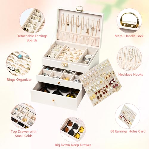 GALHUBIS Jewelry Box, 3 Layers Leather Jewelry Storage Display Box for Women, Gift Case, 2 Drawers, Large Capacity for Nec...