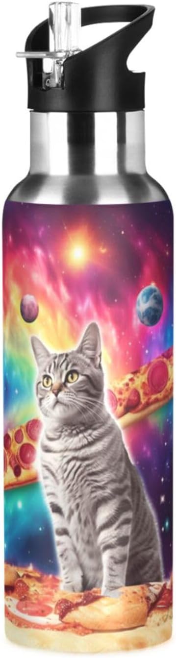 Cat Pizza Planets Space Water Bottle with Straw Lid Kids Insulated Stainless Steel Water Flask Sports, 20 Oz Hot Cold