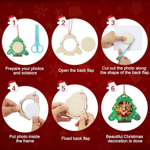 Christmas Wooden Photo Frame Ornaments - Easy to Load, Strong & Cute DIY Picture Frames for Christmas Tree, Perfect Keepsa...
