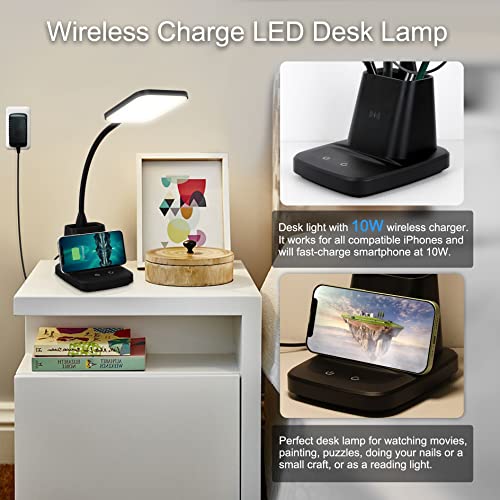 Sailstar Desk Lamp, LED Desk Lamps for Home Office, Wireless Charger Small Desk Lamp with Pen Holder, 3 Color Modes, Dimma...