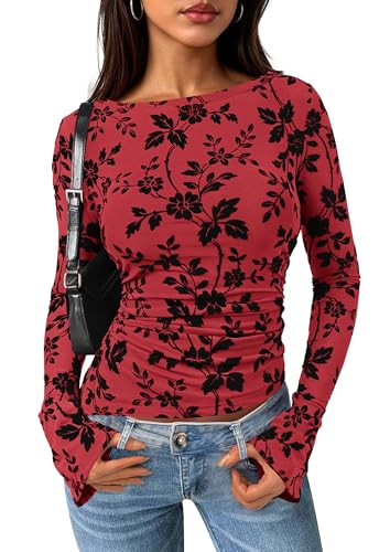PRETTYGARDEN Women Long Sleeve Floral Mesh Tops Blouse 2026 Fall Trendy Boat Neck Ruched Spring Shirt Going Out Date Outfits