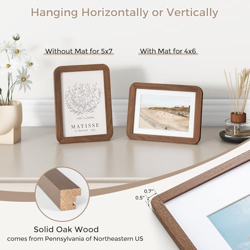 FLYJOE 5x7 Solid Oak Wood Photo Frame | 5x7 Picture Frame With Mat For 4x6 | Plexiglas And Hanging Hardware Included | Wal...