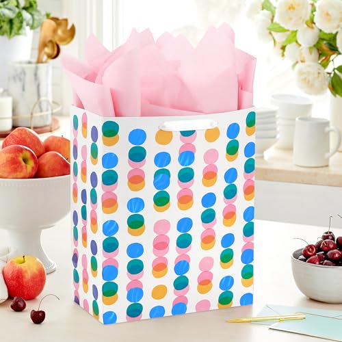 Hallmark 13" Large Gift Bag with Pink Tissue Paper (Pink, Yellow, Foil Blue Dots) for Valentine's Day, Birthdays, Mother's...