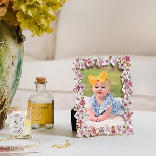 Synovana Pink Flower Picture Frame 4x6 Blossom Photo Frame for Tabletop Display, Decorative Flower Design Home Decor