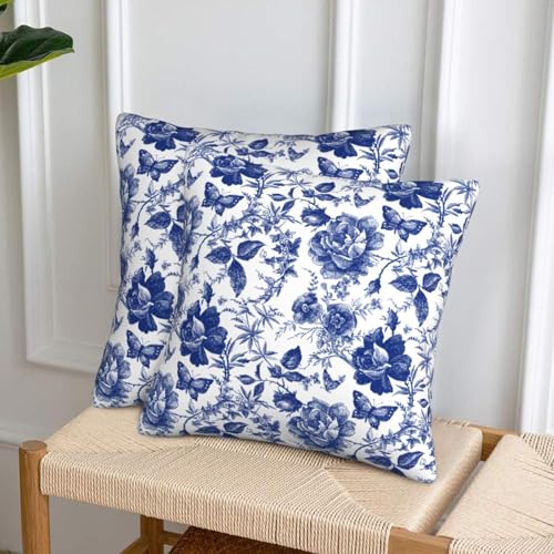 Tebjh Blue and White Porcelain Floral Butterfly Pillow Covers 18x18 in Vintage Chinoiserie Couch Pillow Case Sets of 2 Mod...