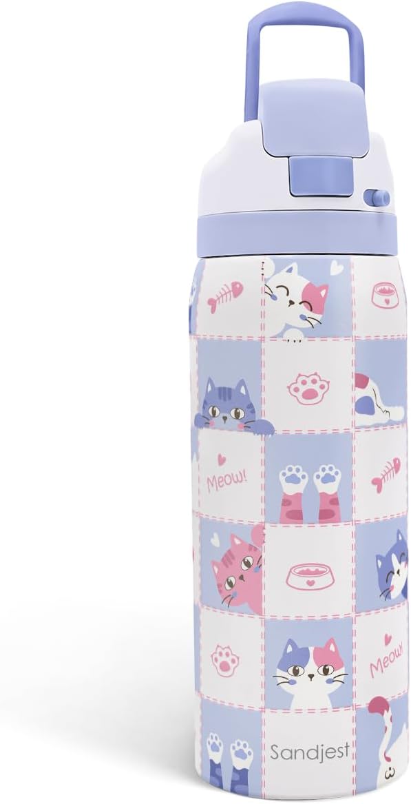 Gift for Cat Lover Stainless Steel Water Bottle, Vacuum Insulated, Push-Button Lid, 32 oz for Cat Mom Women Girls Friends ...