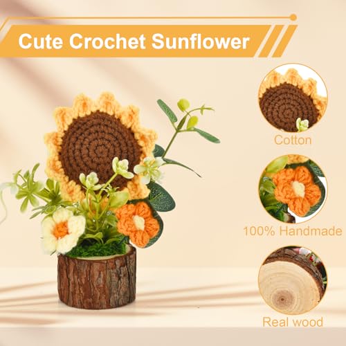 Andvon Cute Crochet Flowers Bouquet, Handmade Knitted Sunflowers with Wooden Pot, Crocheted Flower Plants Gifts for Women ...