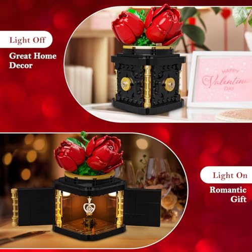 HOGOKIDS Flowers Box Building Set with LED & Necklace, for Mom/Wife, 312PCS Preserved Rose with Heart Necklace for Adults ...