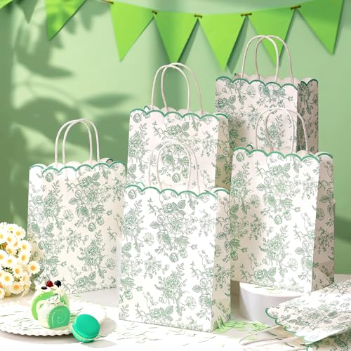 Kolldenn 24 Pcs Sage Green Floral Gift Bags with Handles Wildflower Party Favor Candy Treat Goodie Bags Scalloped for Birt...