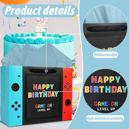 JOARHONAL Video Game Birthday Gift Bag - 13" Large Happy Birthday Gift Bag with Tissue Paper and Card for Boys Kids Video ...