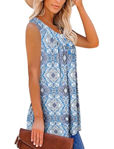 BETTE BOUTIK Womens Sleeveless Tunics Henley Shirts V-Neck Button Down Blouse Tank Tops Casual Pleated Basic S-3XL