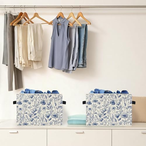 Ghoaoivo Blue and White Floral Storage Box Bins, Chinoiserie Flower Botanical Collapsible Storage Basket Organizer for Bed...