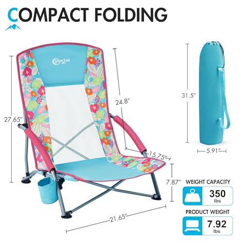 Portal Low Beach Chair for Adults - Heavy Duty 350 lbs Weight Capacity Folding Portable Sand Chair, Breathable Mesh Outdoo...