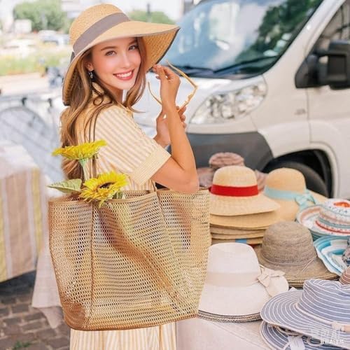 CWB&ADB Large Mesh Beach Tote Bag, Foldable Summer Handbag, Tan