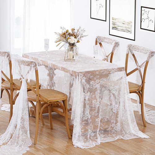 B-COOL White Lace Tablecloth 60 X120 Inches Rectangle Vintage Embroidered Bridal Wedding Tablecloths Sheer Overlay for Rus...