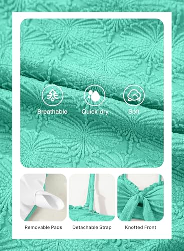 Herseas Women's Seashell Textured Bikini Sets Knotted Front 2 Piece Swimsuits Ruffle Trim Bathing Suits