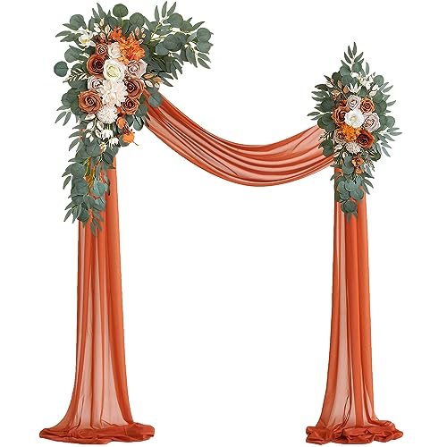 Olalaka Burnt Orange Artificial Wedding Arch Flowers Kit (Pack of 3) with 26Ft Terracotta Shiny Arch Draping Fabric for DI...