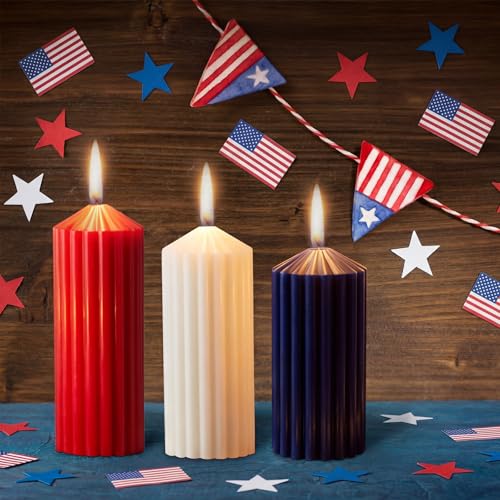 MTLEE Set of 3 Red White Blue Ribbed Pillar Candles 4th of July Ribbed Candles Set 5.91'' 6.89'' 7.87'' Wax Unscented Pill...