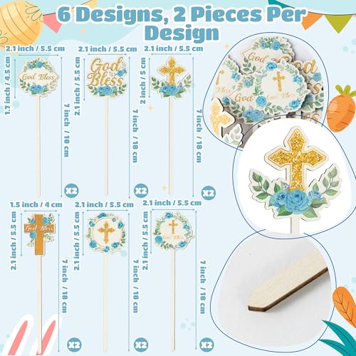 TICIAGA Floral God Bless Decorative Picks - 12PCS Religious Flower First Communion Cross Wooden Pick for Home Vase Filler ...