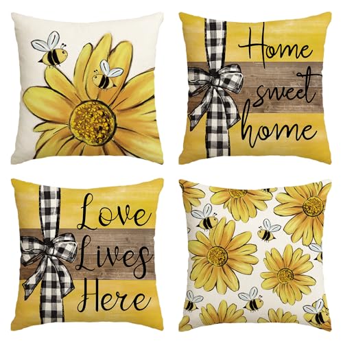 AVOIN colorlife Home Sweet Home Bee Sunflower Throw Pillow Covers, 18 x 18 Inch Love Lives Here Spring Summer Stripes Cush...