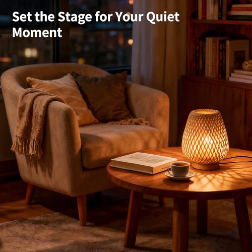 URLIGHTS Table Lamp with Double Layer Woven Shade Wood Base,Desk Bedside Small Lamps with 6ft Power Cord, 110V Plug, Dimma...
