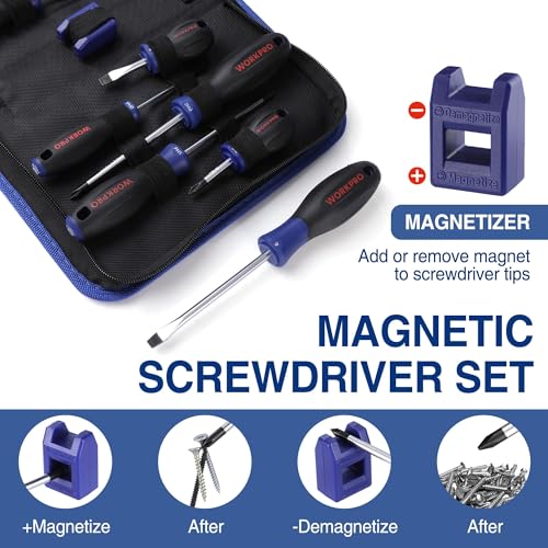 WORKPRO 10-Piece Magnetic Screwdriver Set with Pouch, Phillips, Slotted, Flat Head Screwdriver Include Magnetizer, Screwdr...