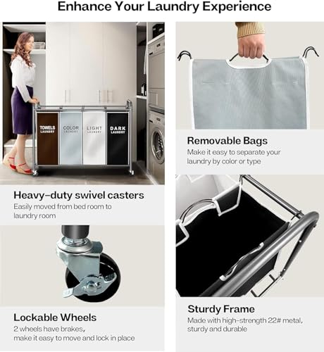ROMOON Laundry Hamper Sorter Cart: 4-Section Organizer with Heavy-Duty Lockable Wheels and Removable Bags | 180L Rolling L...