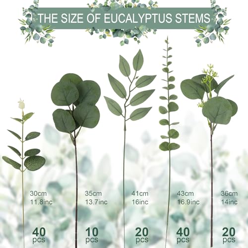 lovemoon 130 Pcs Artificial Mixed Eucalyptus Stems Bulk, 5 Kinds of Faux Greenery Eucalyptus Leaves Bulk for Vase Wedding ...