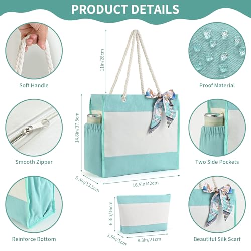 TAOZIM Beach Tote with Cosmetic Bag, Waterproof Canvas Beach Bag w/Ribbon Personalized for Women Birthday Travel Essential