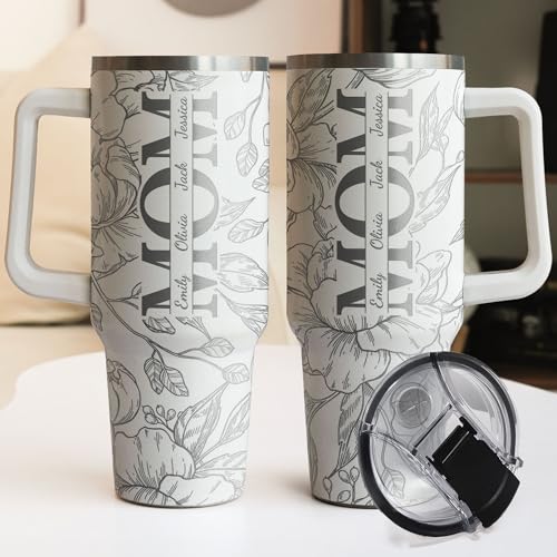 Pandzee Personalized Engraved 40oz Tumbler, Custom Kids' Names Tumbler, Floral Mom Mother's Day Gifts, Gift for Grandma Gr...
