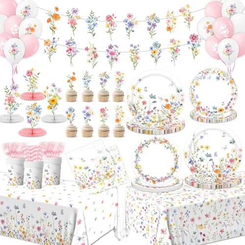 193Pcs Spring Wildflower Party Decorations Include Plates, Napkins, Cups, Balloons, Banner, Tablecloth, Cake Toppers, Hone...