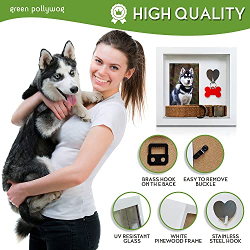 Green Pollywog Pet Memorial Shadowbox with Photo, Tag & Collar Display | White Frame with 4” x 6” Picture Opening | 10” x ...