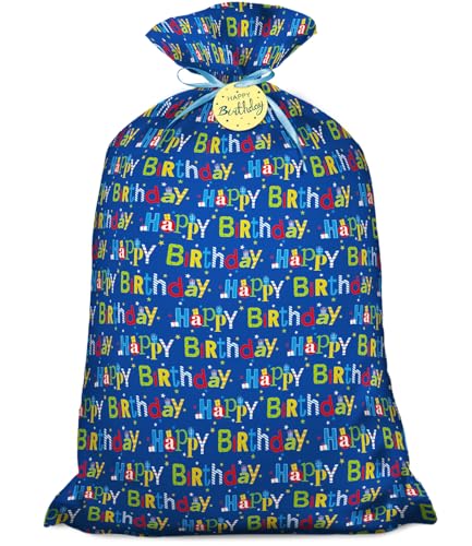 Laidans 56" Extra Large Blue Plastic Gift Bag, Jumbo Happy Birthday Gift Bag with Tag and Tie for Boy Kids Birthdays Parti...