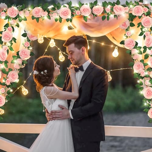 2 Pcs Flower Garland with 19.6 Ft Lights, 13.2 Ft Pink Floral Garland Fake Flowers for Wedding Arch Party Wall Garden Room...