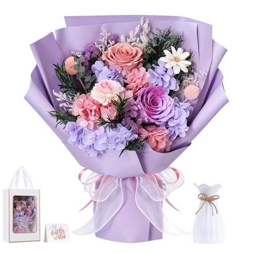 Lewondr Flower for Delivery, Preserved Flowers Bouquet, Purple Rose Bouquet, Real Long-Lasting Forever Birthday Flowers Gi...