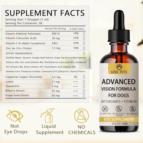 Aura Pets Advanced Vision Formula for Dogs - Eye Health Support with Lutein, Zeaxanthin & Astaxanthin - Helps Maintain Cle...
