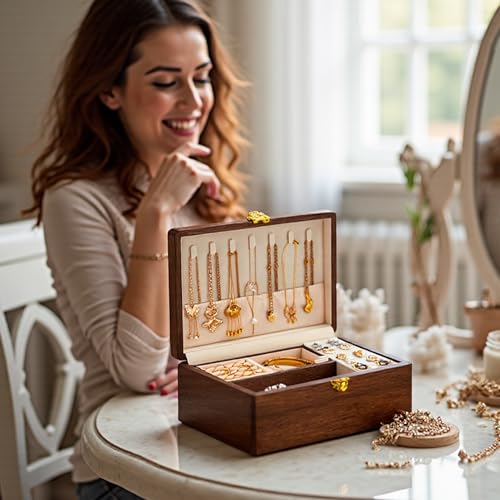 KAOTGOT Wooden Jewelry Box For Women Jewelry Organizer Box With Lock 2 Layer Jewelry Holder Organizer For Necklace Ring Ea...