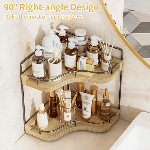 2-Tier Corner Bathroom Counter Organizer with Embedded Screw Holes, Secure & Stable Wood Vanity Shelf for Makeup and Skinc...