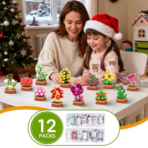 KOJAYHOL 12 Pack Flowers Succulent Party Favors for Kids Building Set, 1001 Pcs Botanical Bonsai DIY Creative Mini Buildin...