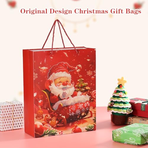 Rusikia 12 Christmas Gift Bags with 12 Tissues and 1 Satin Ribbon, Red Party Favor Bags Bulk with Handles, Glittery Cute B...