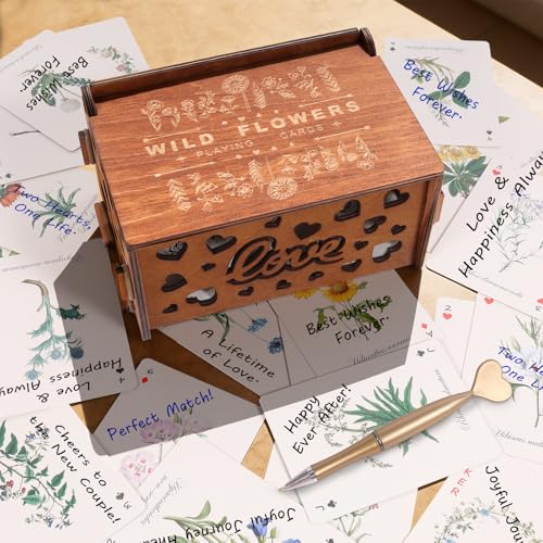 54 PCS Personalized Wedding Guest Book Alternative, Floral Wedding Guest Playing Cards Set with Wooden Openwork Storage Bo...