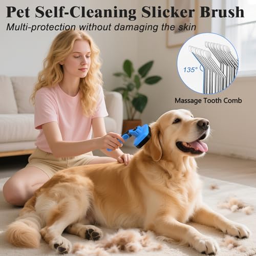 2PCS Self Cleaning Slicker Brush & Dog Comb - Skin Friendly Deshedding Grooming Tool for Dogs, Cats and Small Animals, Pro...