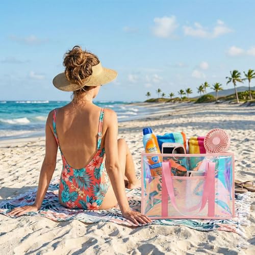 Cyrelwing 3PCS Iridescent Beach Tote Bag for Women Large Waterproof Beach Tote Bag for Swim Pool Summer Travel Vacation