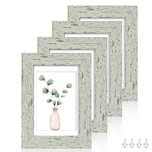 Hongkee 5x7 Picture Frame Set of 4, Made of Real Glass and Sage Green Wooden Frame, 5 by 7 Photo for Wall or Tabletop - Di...