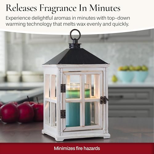 Candle Warmers Etc. White Wooden Farmhouse Candle Warmer Lantern – for Top-Down Warming & Flame-Free Fragrance