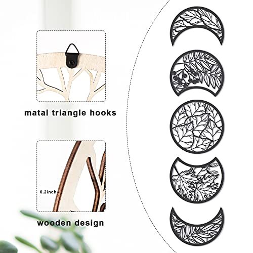 Jetec 5 Pcs Moon Phase Wall Art Decor Wall Pediments Hanging Wooden Phase Spiritual Bedroom Nordic Boho Lunar Aesthetic Ar...