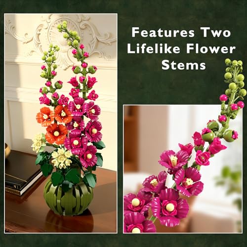 CUBIMANA Flowers Botanicals Alcea Rosea Building Set for Adults - Artificial Bonsai Plant for Home Office Décor, 974PCS Fl...