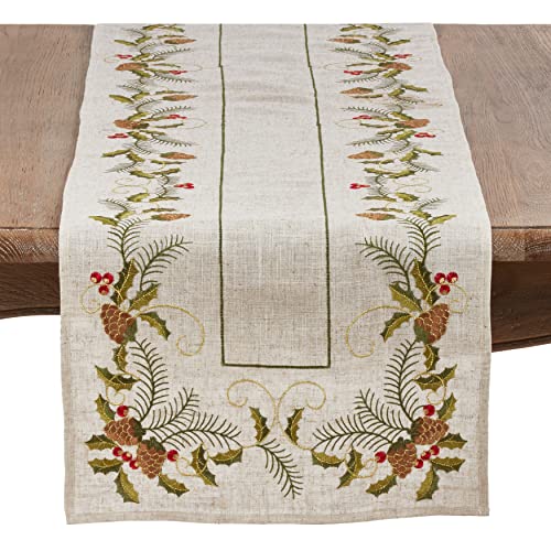 SARO LIFESTYLE 1851.N1654B Joyeuses Fêtes Collection Embroidered Pinecone And Holly Table Runner, 16" x 54", Natural