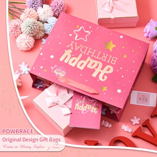 Powbrace 13" Pink Happy Birthday Gift Bag with Tissue Paper and Greeting Card for Party,Happy Birthday Gift Bag for Men Wo...