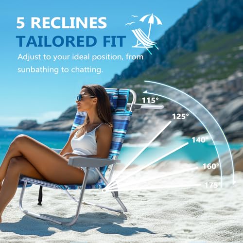 PASAMIC Backpack Beach Chairs for Adults 2 Pack Portable, Lay Flat Reclining Beach Chairs with 5 Positions, Tall Heavy Dut...